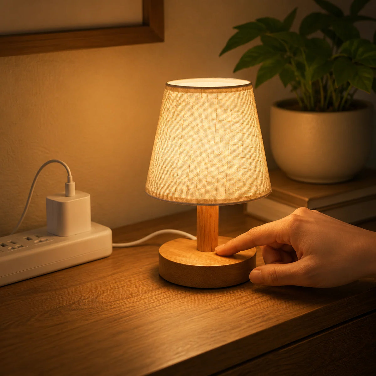 Table Lamp | Linen Shade & Wood Base | USB Powered