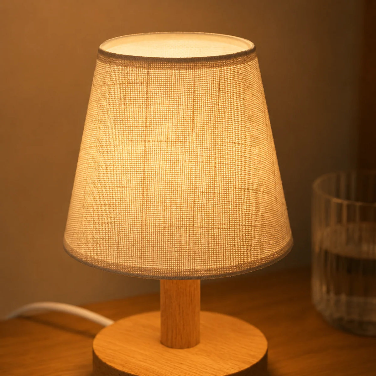 Table Lamp | Linen Shade & Wood Base | USB Powered