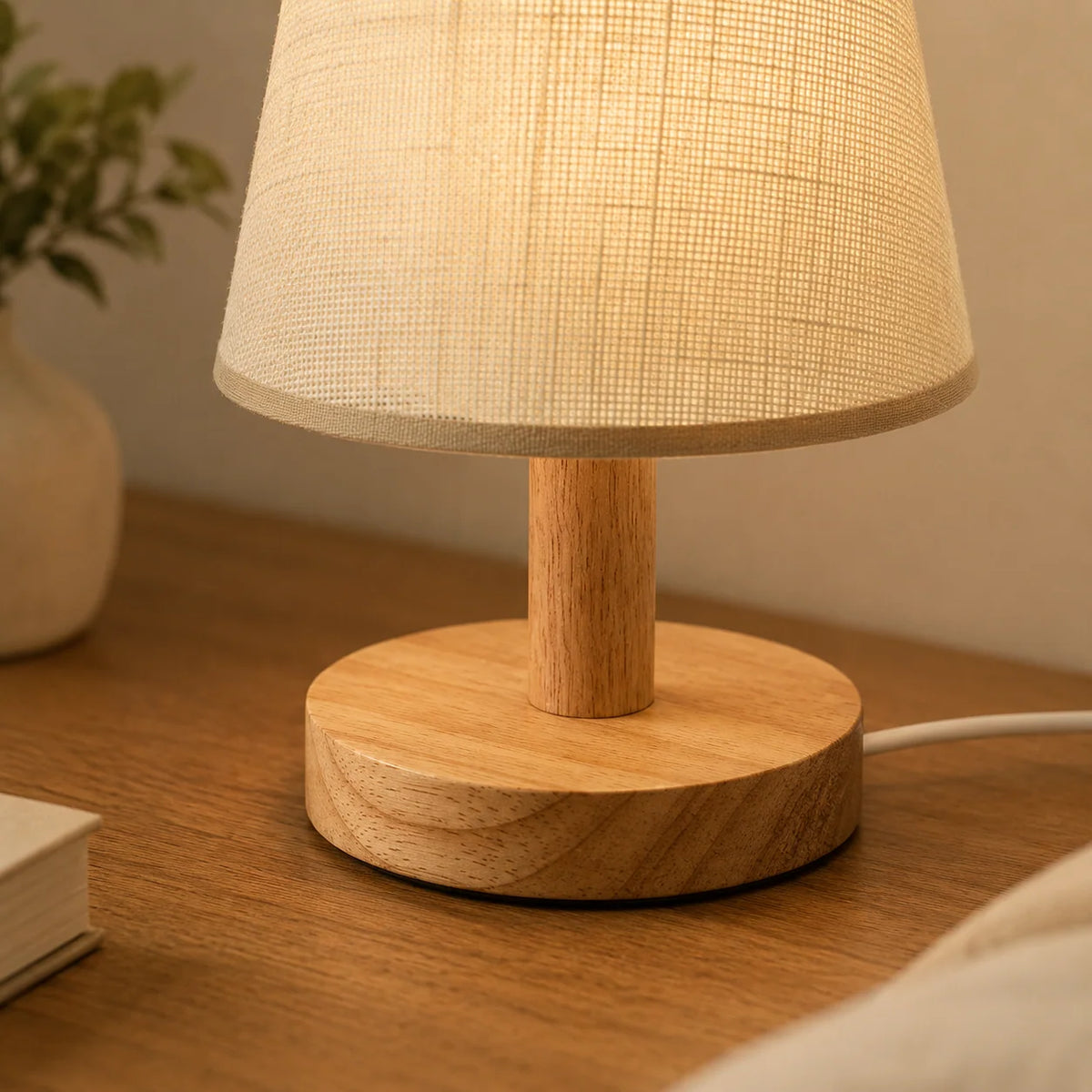 Table Lamp | Linen Shade & Wood Base | USB Powered