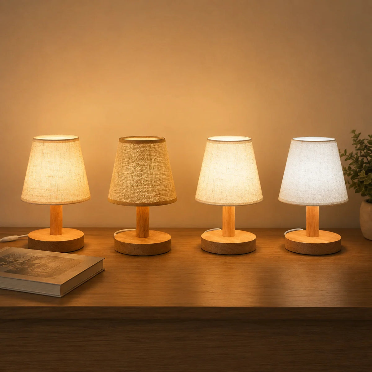 Table Lamp | Linen Shade & Wood Base | USB Powered