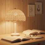 Table Lamp | Mushroom-Shaped Rattan & Wood | Dimmable Plug-In