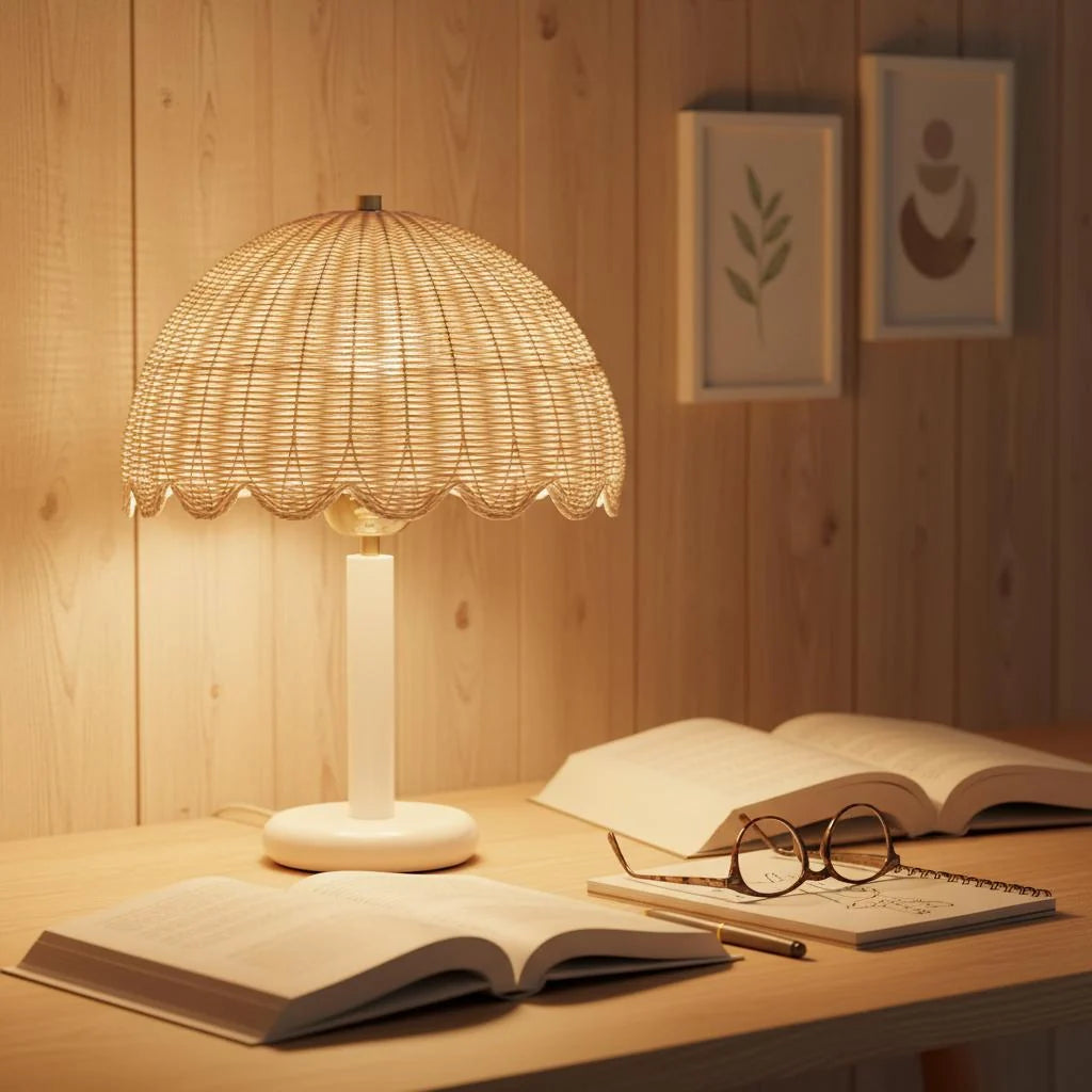 Table Lamp | Mushroom-Shaped Rattan & Wood | Dimmable Plug-In
