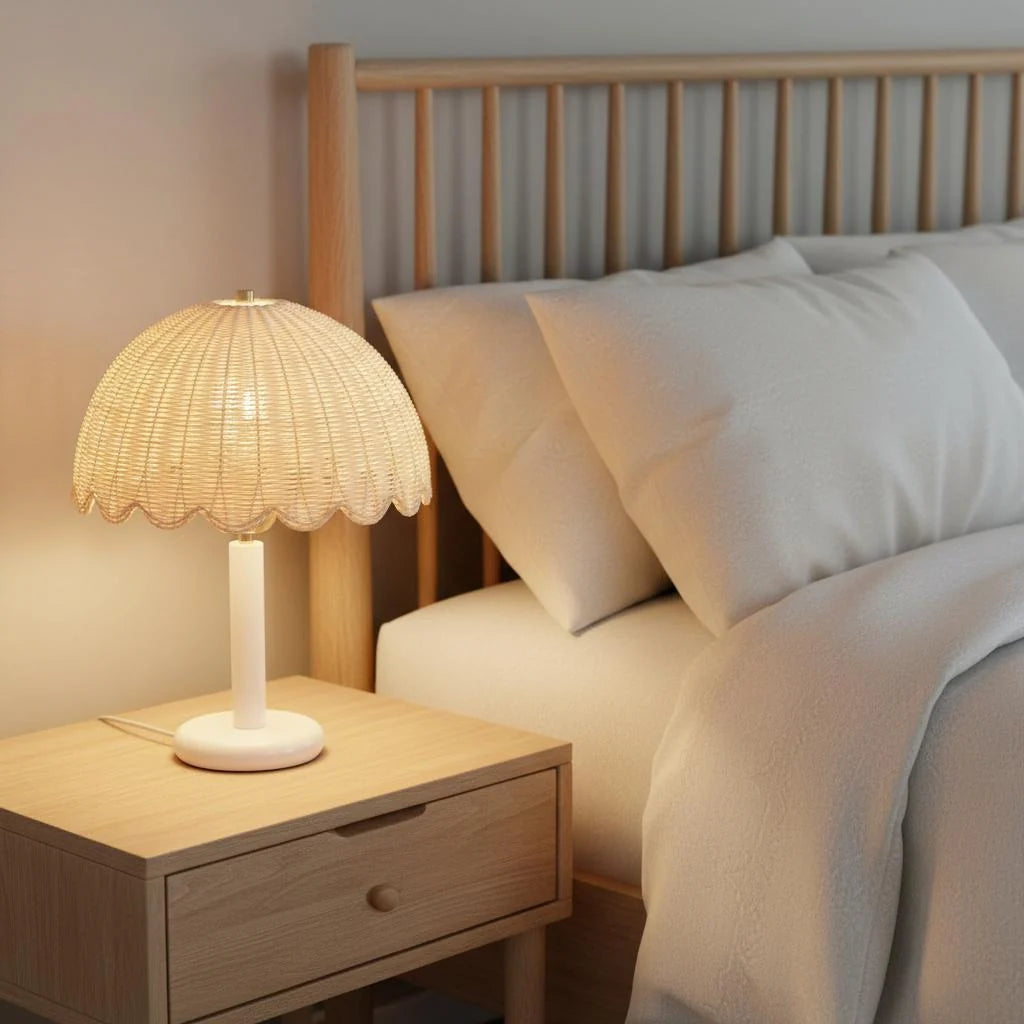 Table Lamp | Mushroom-Shaped Rattan & Wood | Dimmable Plug-In