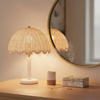 Table Lamp | Mushroom-Shaped Rattan & Wood | Dimmable Plug-In