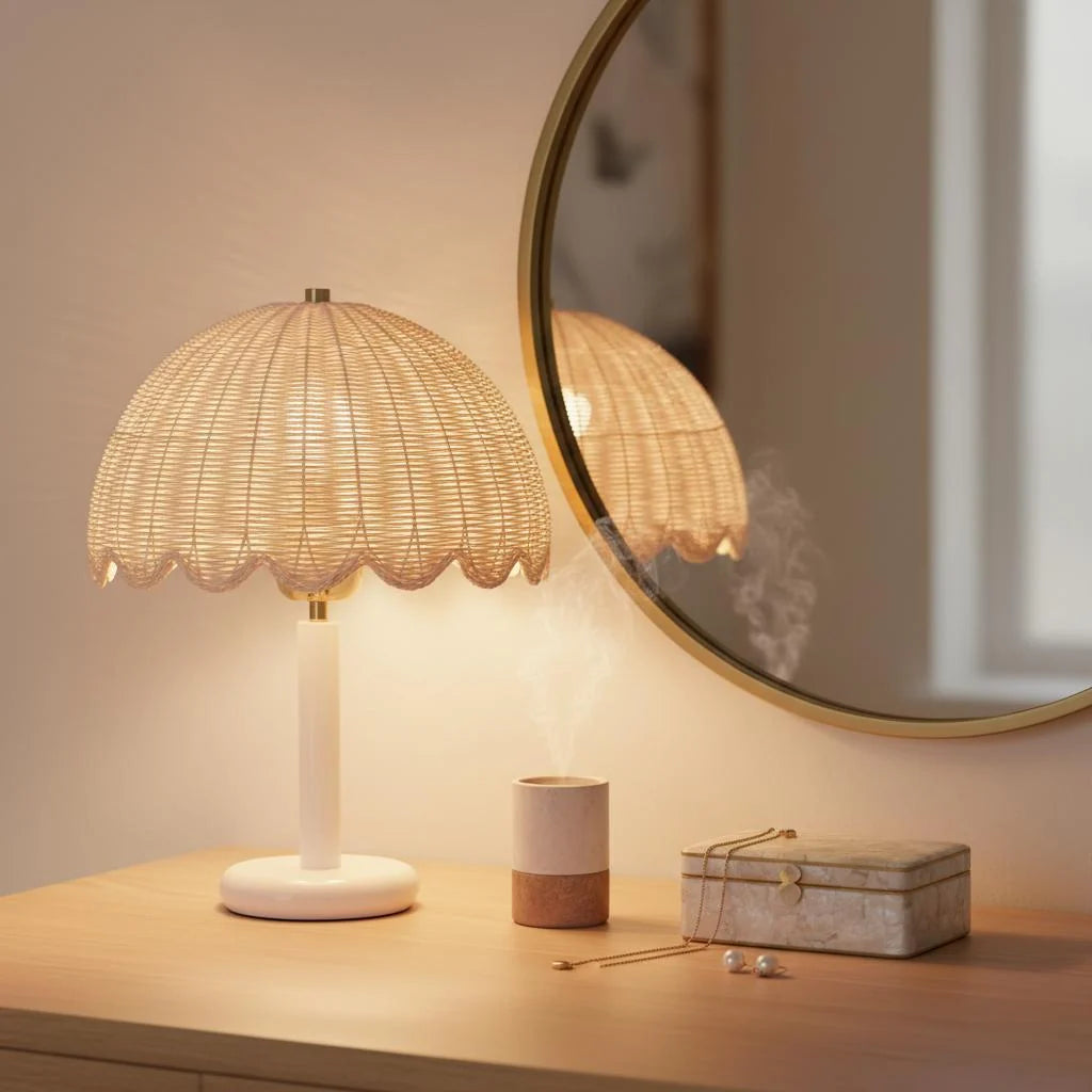 Table Lamp | Mushroom-Shaped Rattan & Wood | Dimmable Plug-In