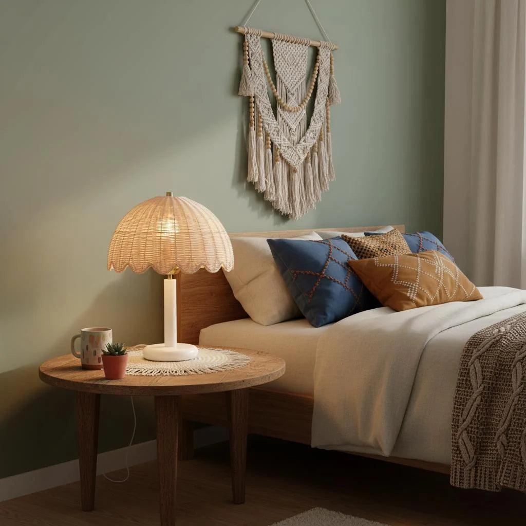 Table Lamp | Mushroom-Shaped Rattan & Wood | Dimmable Plug-In