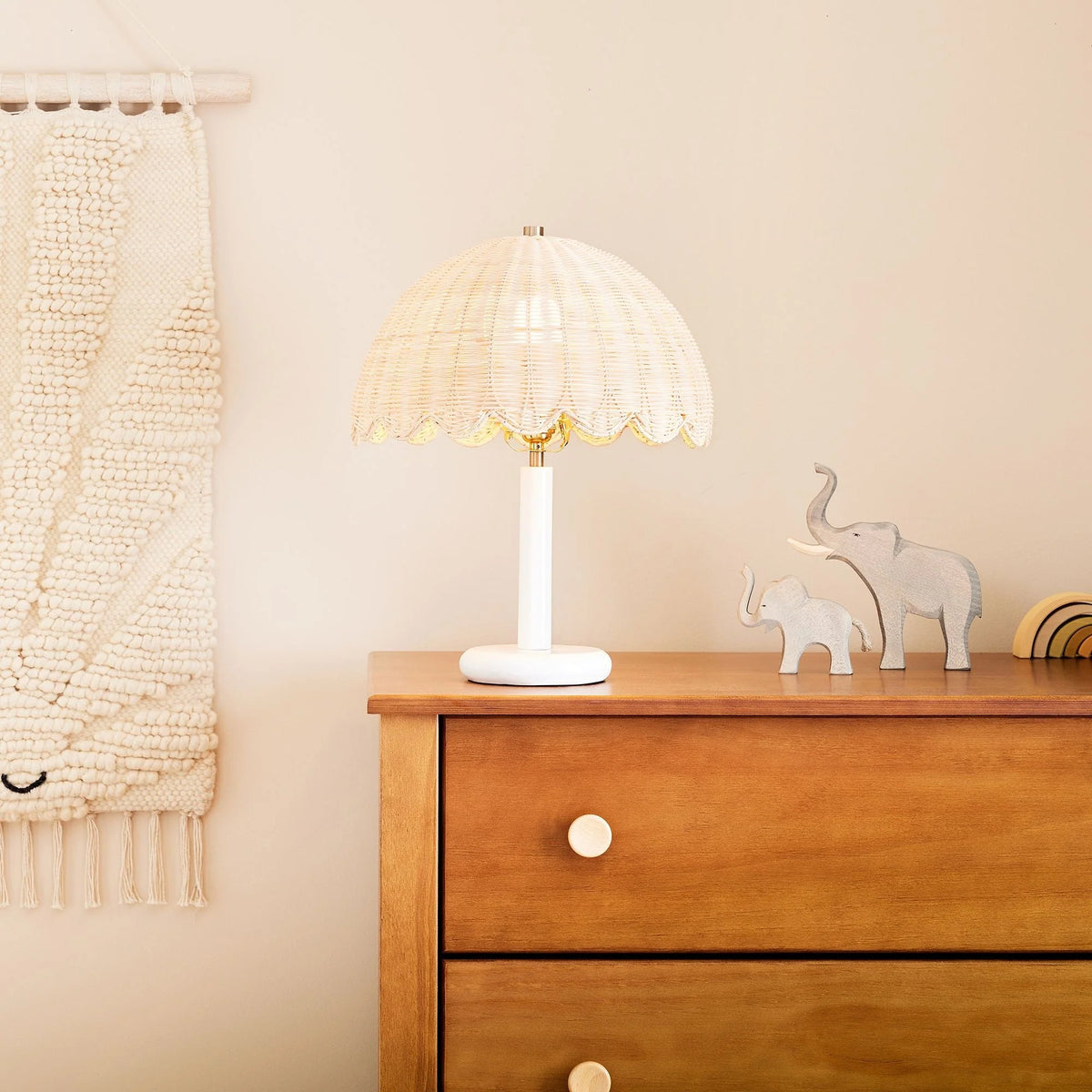 Table Lamp | Mushroom-Shaped Rattan & Wood | Dimmable Plug-In
