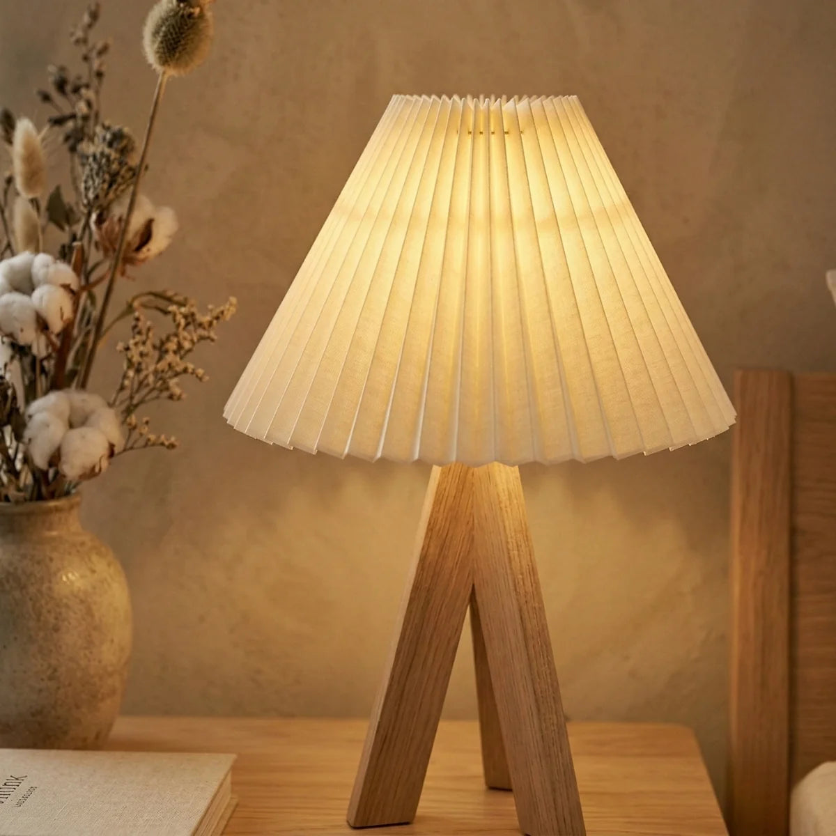 Table Lamp | Pleated Cone Shade & Wood Tripod Base