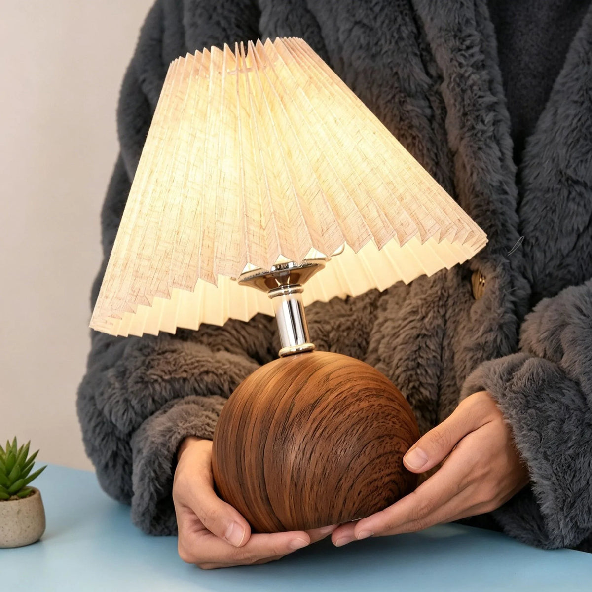 Table Lamp | Pleated Fabric Shade & Wood Base