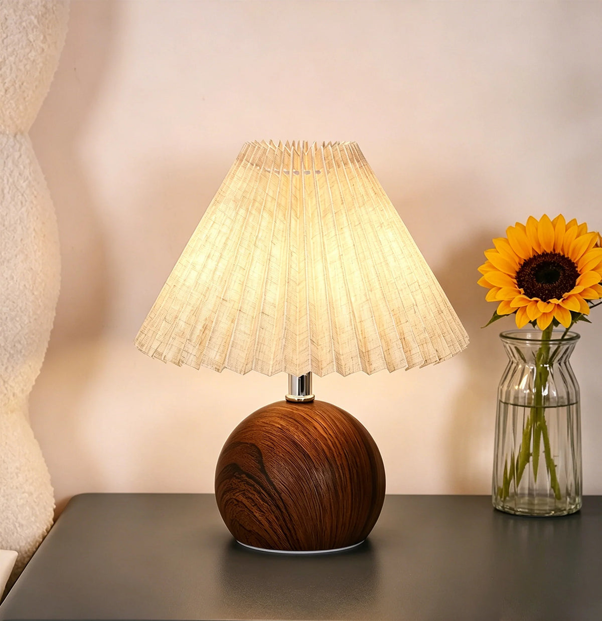 Table Lamp | Pleated Fabric Shade & Wood Base