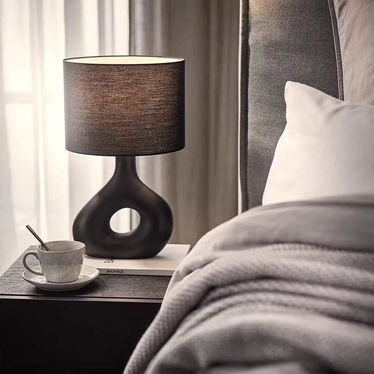 Table Lamp | Sculptural Ceramic Base & Fabric Shade | 28 cm Height
