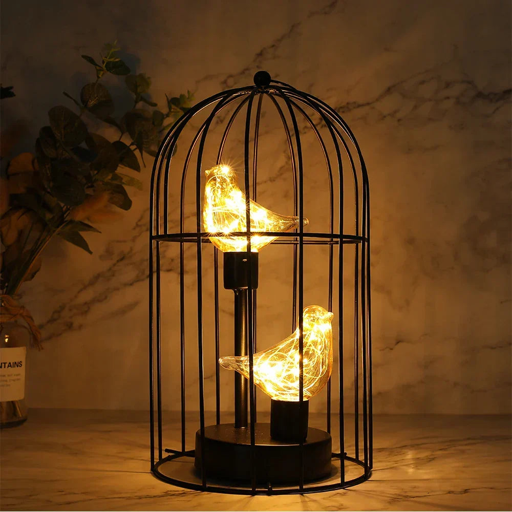 Table Lamp | Vintage Birdcage & Battery-Operated Warm LED