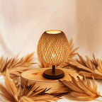Bedside Lamp | Handwoven Rattan Shade | Solid Wood Base