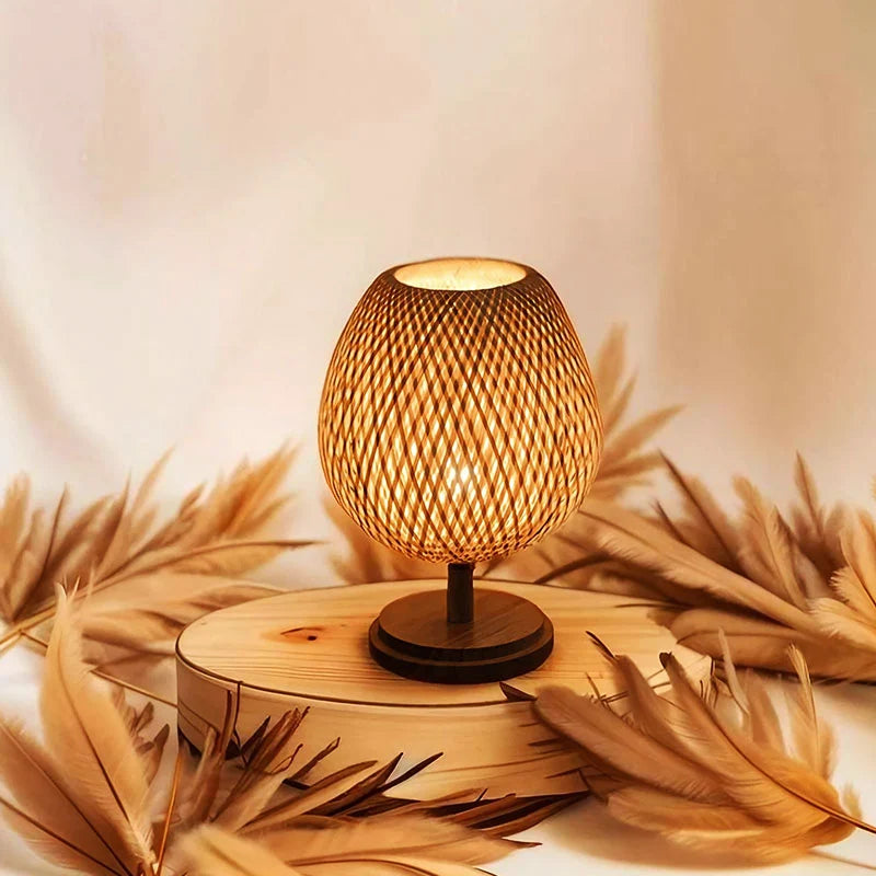 Bedside Lamp | Handwoven Rattan Shade | Solid Wood Base