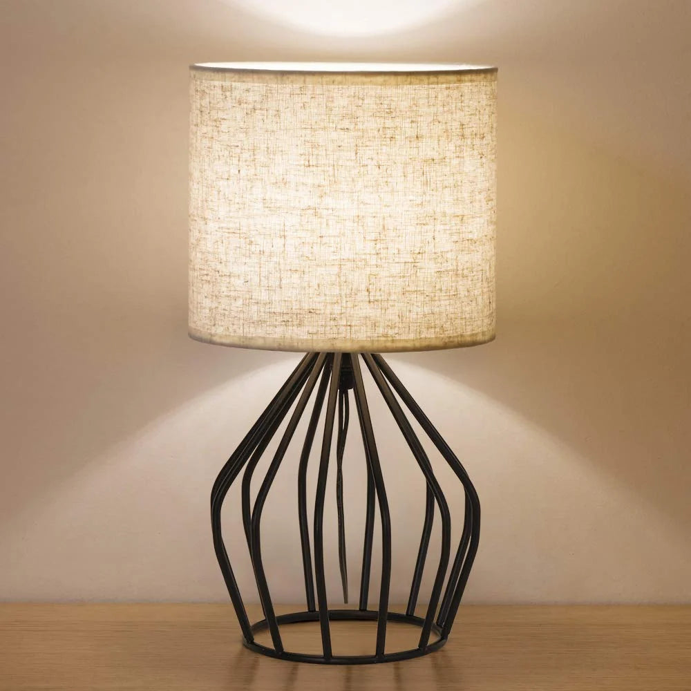 Table Lamp | Linen Fabric Shade & Black Metal Base | Minimalist