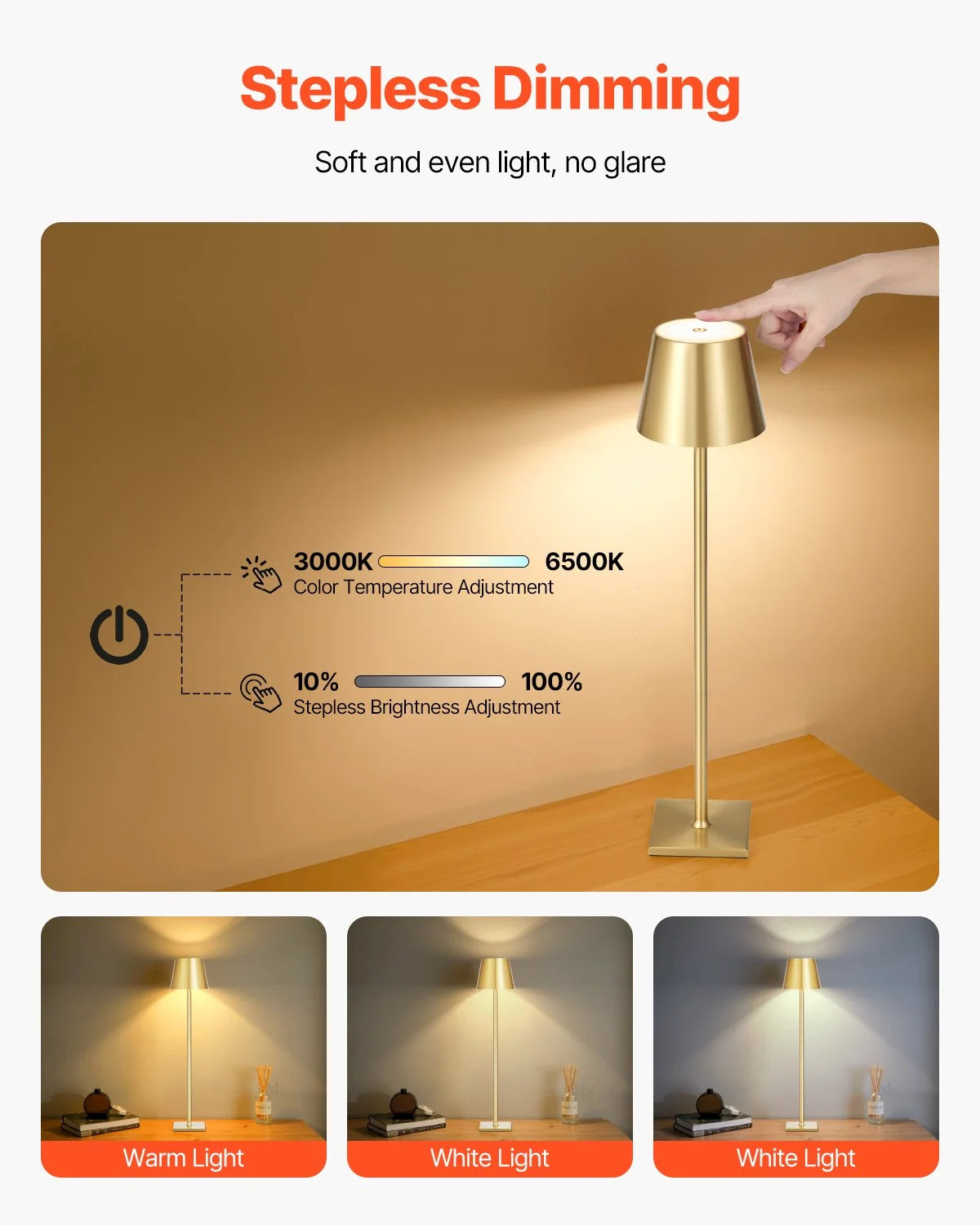 Table Lamps | Cordless & Rechargeable Gold-Tone | Set of 2