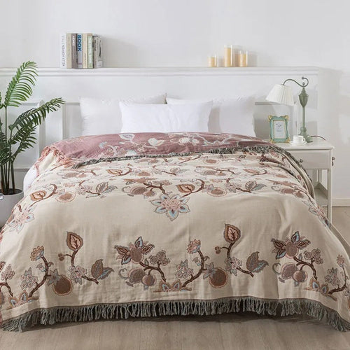 Bed Blanket | Floral Jacquard Woven Cotton | Tassel Trim