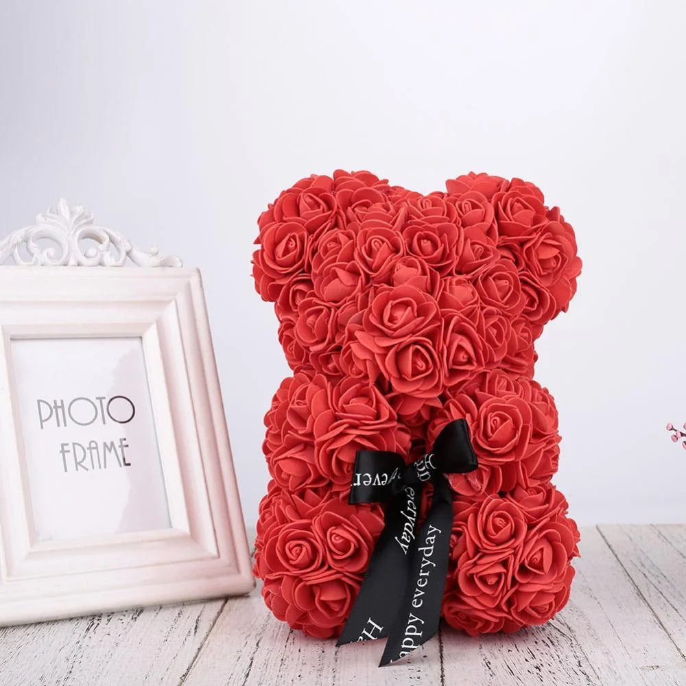 Teddy Bear | Handmade Faux Rose & Satin Bow | 25 cm Tall