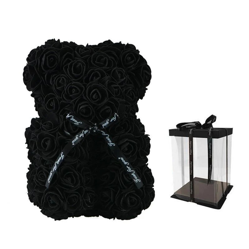 Teddy Bear | Handmade Faux Rose & Satin Bow | 25 cm Tall