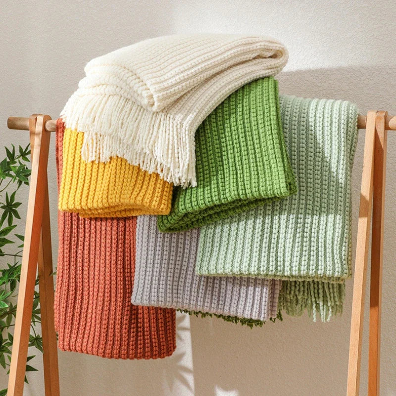Throw Blanket | Chunky Waffle Knit & Long Fringe