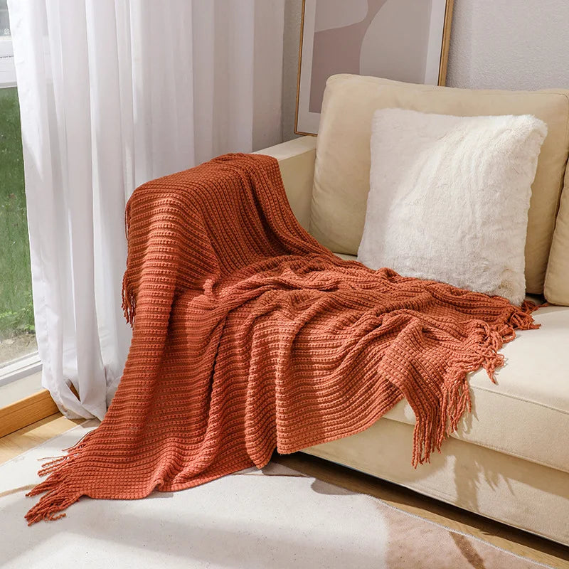 Throw Blanket | Chunky Waffle Knit & Long Fringe