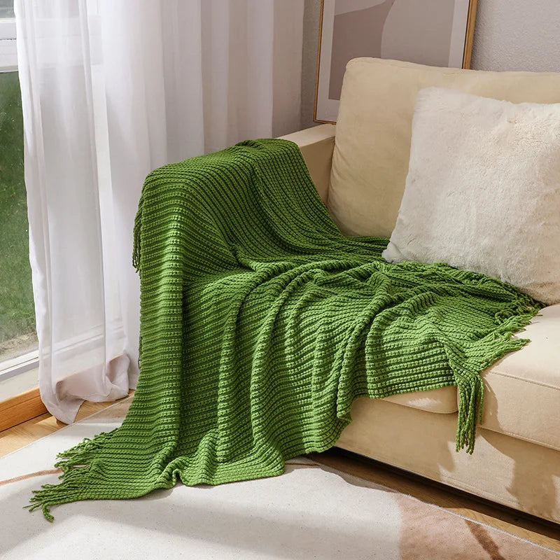Throw Blanket | Chunky Waffle Knit & Long Fringe