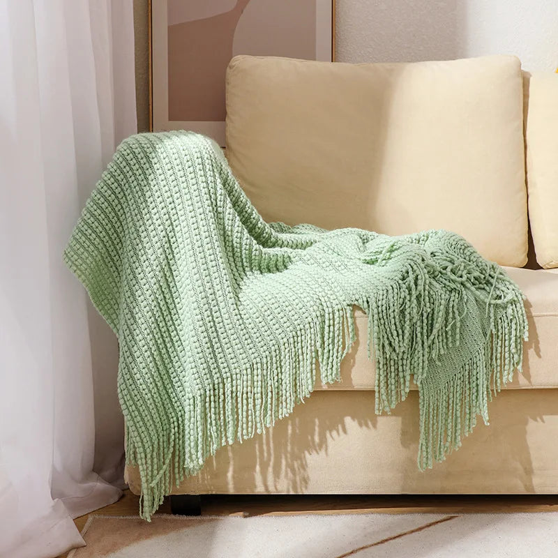 Throw Blanket | Chunky Waffle Knit & Long Fringe