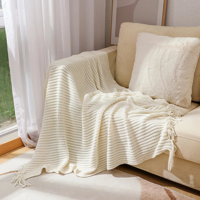 Throw Blanket | Chunky Waffle Knit & Long Fringe
