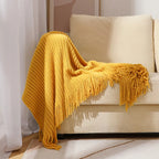 Throw Blanket | Chunky Waffle Knit & Long Fringe