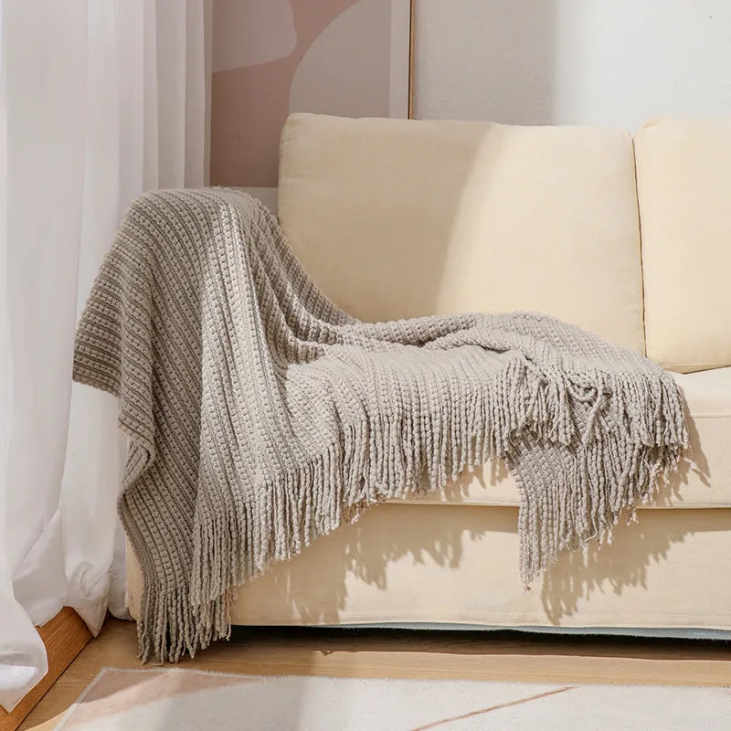 Throw Blanket | Chunky Waffle Knit & Long Fringe