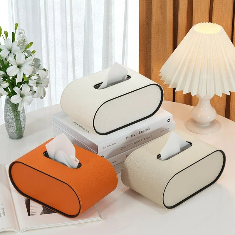 Tissue Box | Oval Leather & Contrasting Edge | 22 x 13 x 10 cm