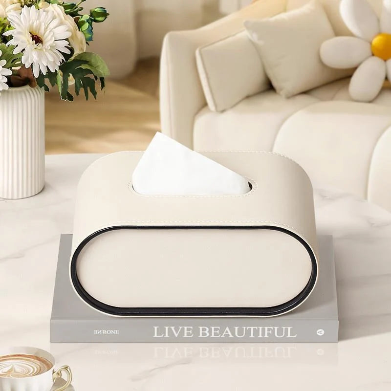 Tissue Box | Oval Leather & Contrasting Edge | 22 x 13 x 10 cm