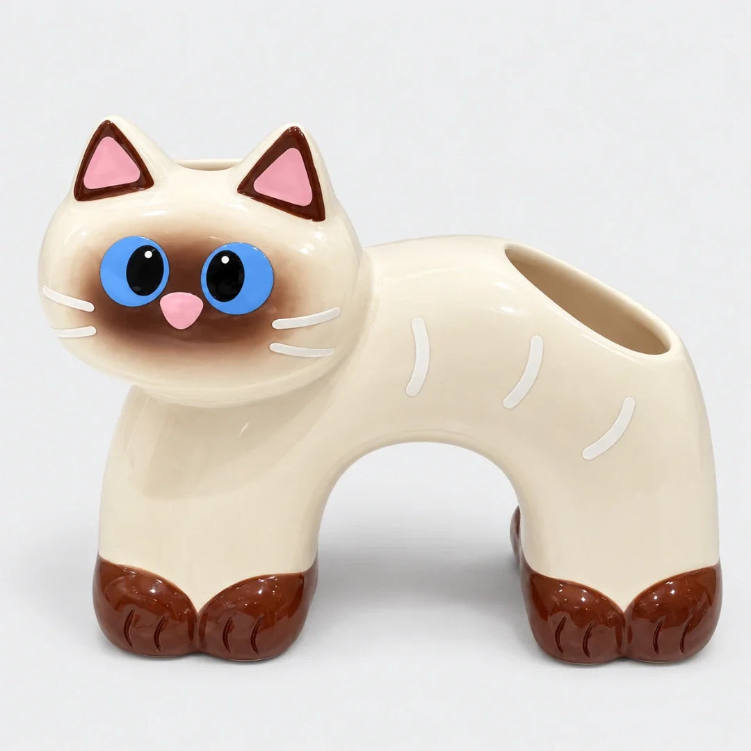 Toothbrush Holder | Cat-Shaped Glazed Ceramic & Dual Openings