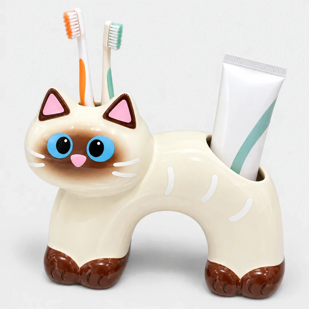 Toothbrush Holder | Cat-Shaped Glazed Ceramic & Dual Openings