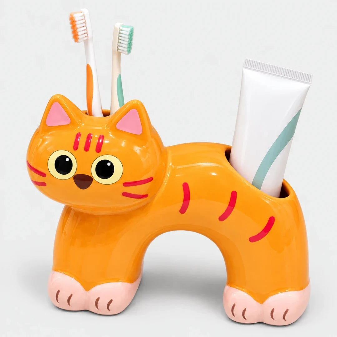 Toothbrush Holder | Cat-Shaped Glazed Ceramic & Dual Openings