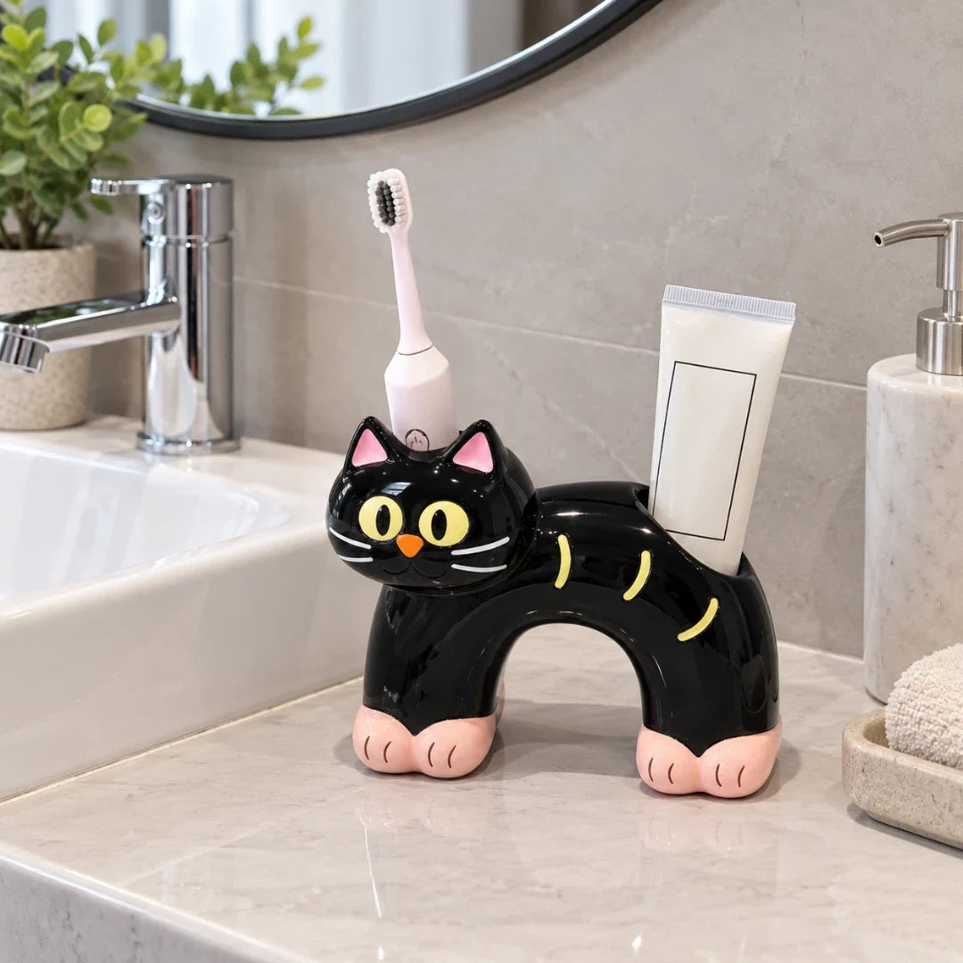 Toothbrush Holder | Cat-Shaped Glazed Ceramic & Dual Openings