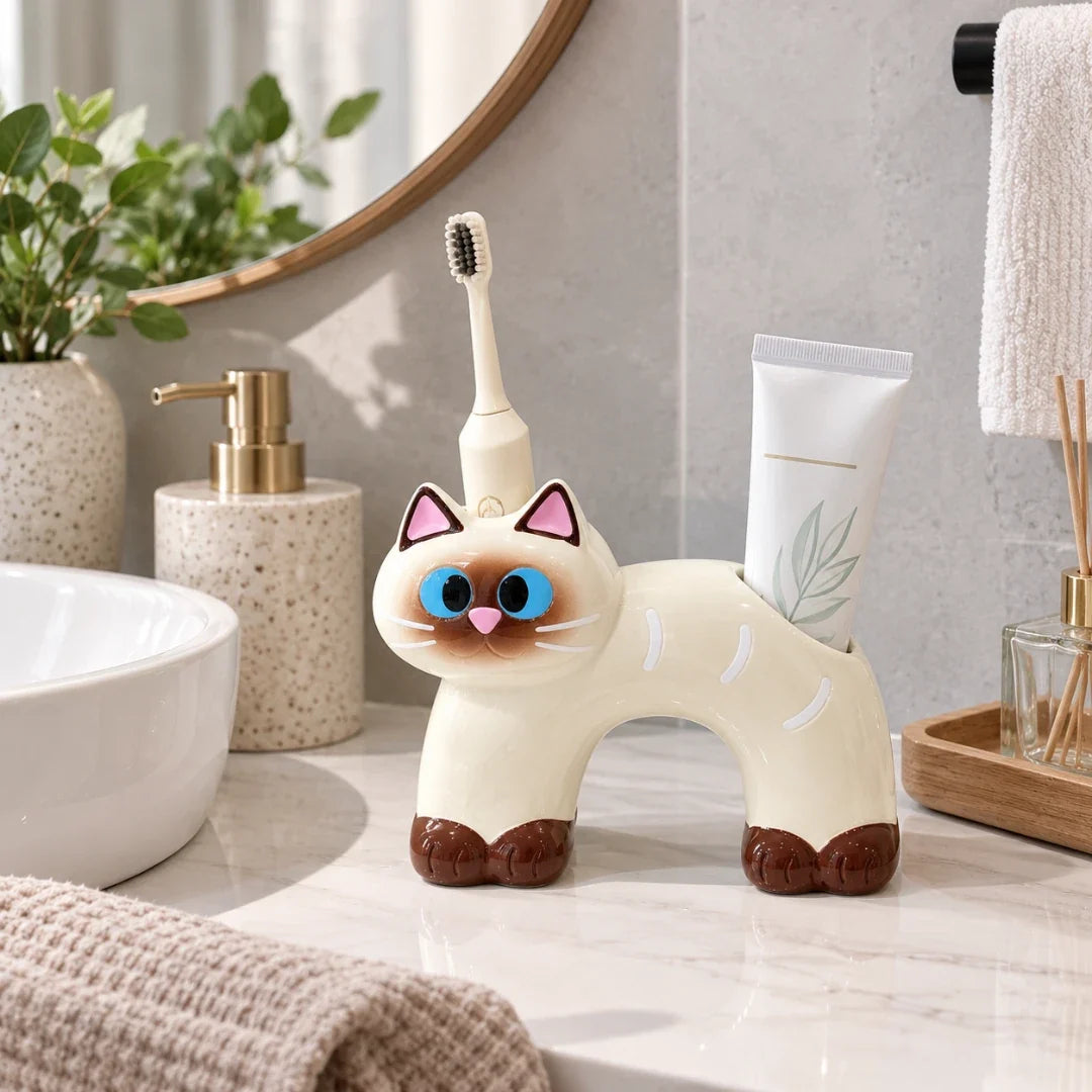 Toothbrush Holder | Cat-Shaped Glazed Ceramic & Dual Openings