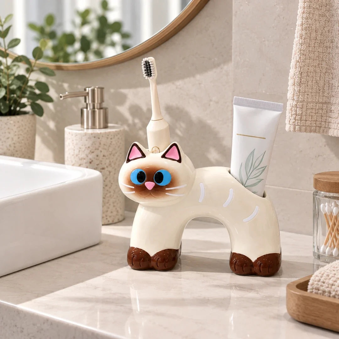 Toothbrush Holder | Cat-Shaped Glazed Ceramic & Dual Openings