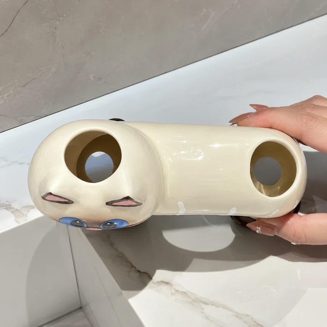 Toothbrush Holder | Cat-Shaped Glazed Ceramic & Dual Openings