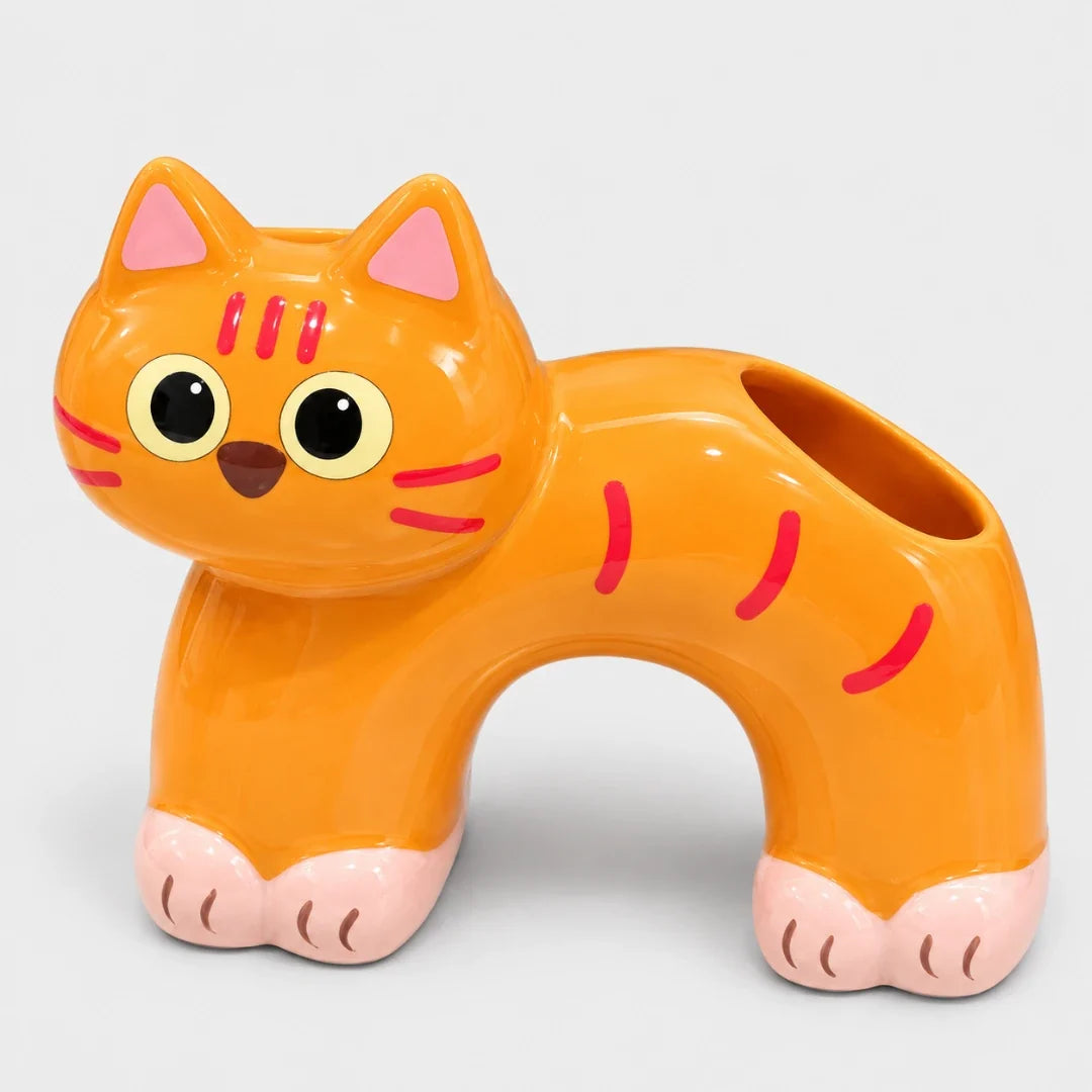 Toothbrush Holder | Cat-Shaped Glazed Ceramic & Dual Openings