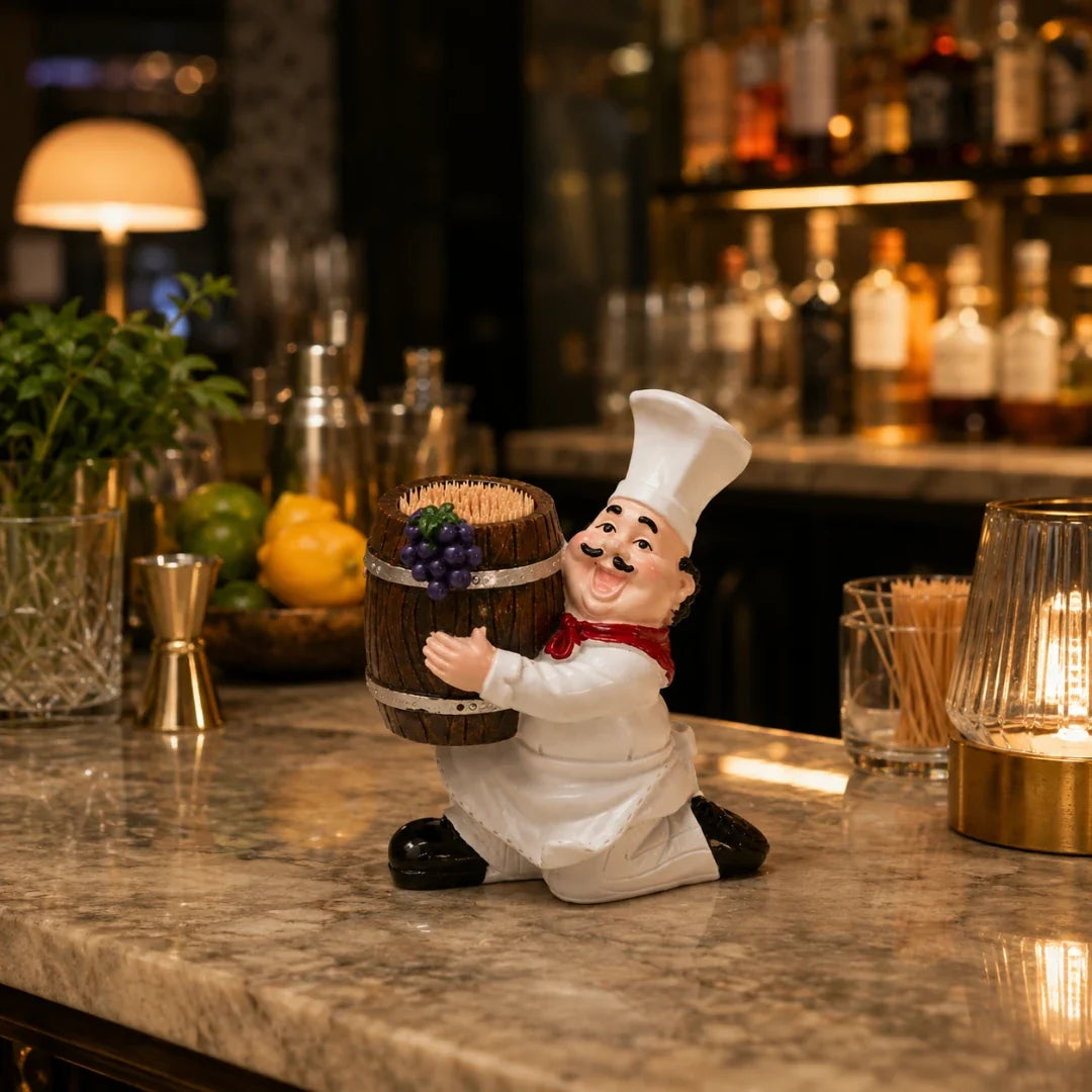 Toothpick Holder | Resin Chef & Wine Barrel Figurine
