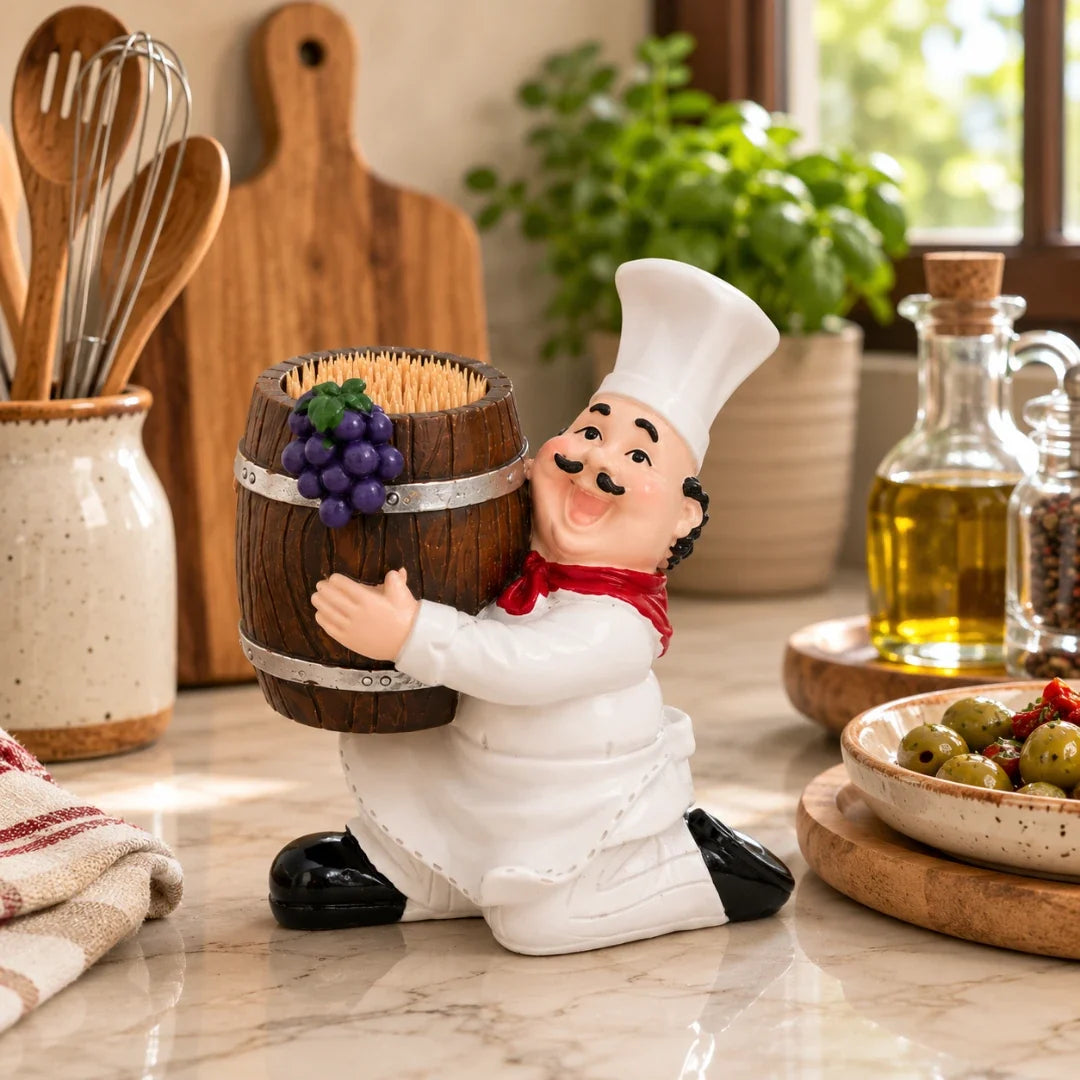 Toothpick Holder | Resin Chef & Wine Barrel Figurine