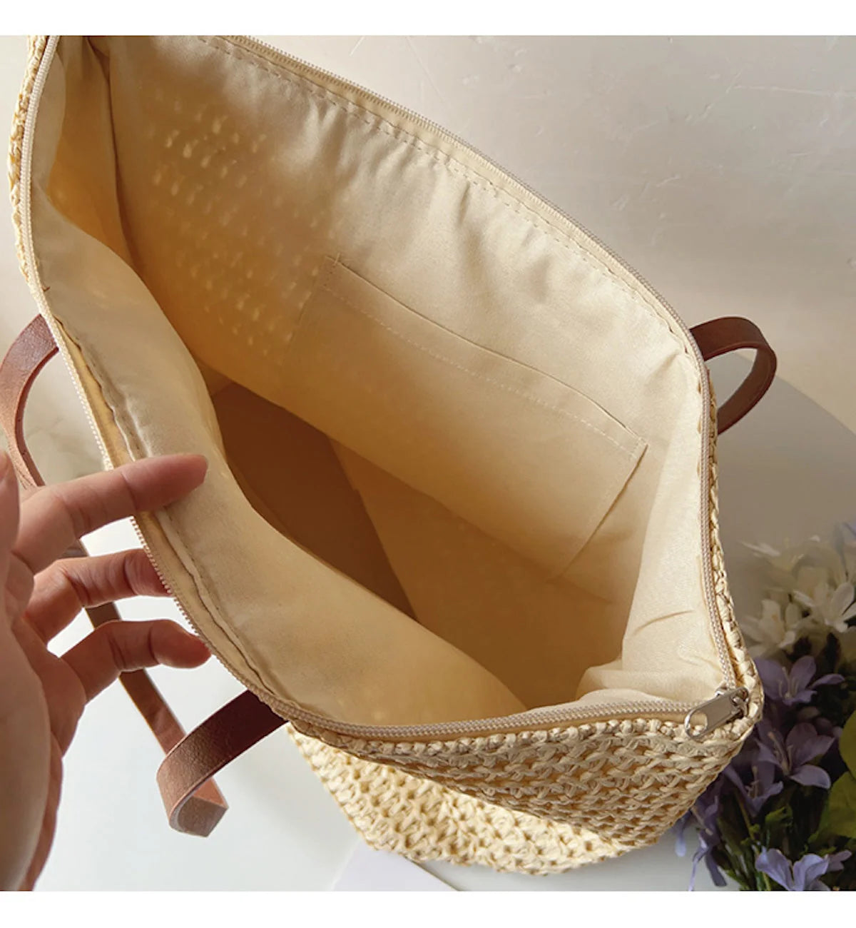 Tote Bag | Handwoven Reed, Leather Straps & Zippered Interior