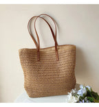 Tote Bag | Handwoven Reed, Leather Straps & Zippered Interior