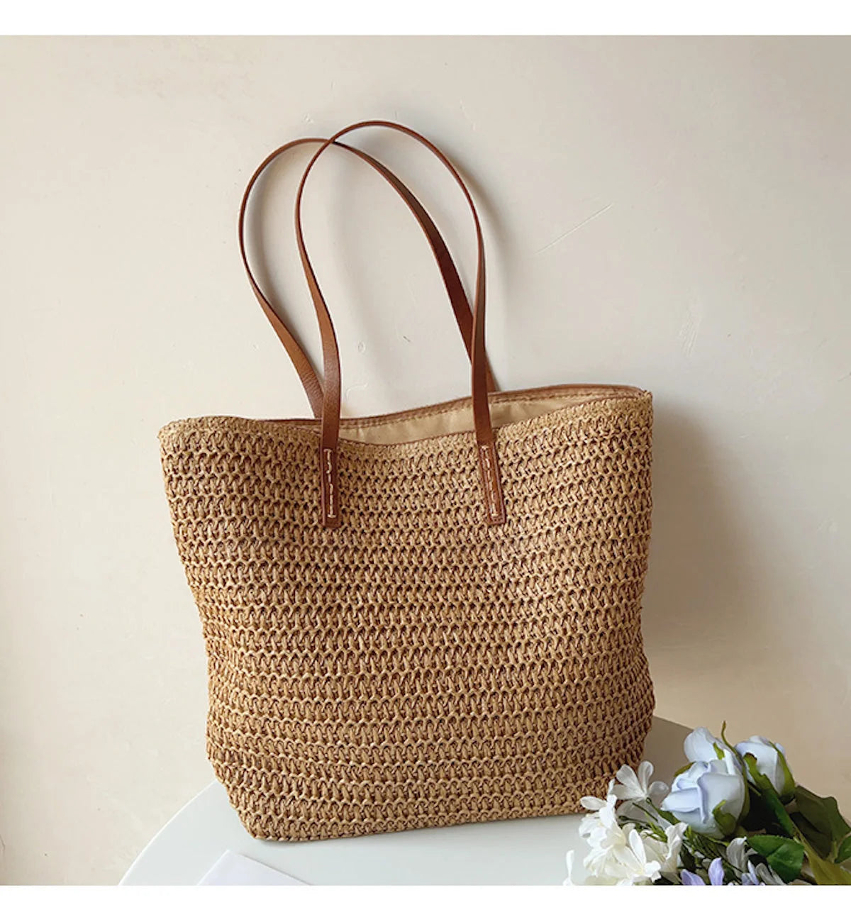 Tote Bag | Handwoven Reed, Leather Straps & Zippered Interior