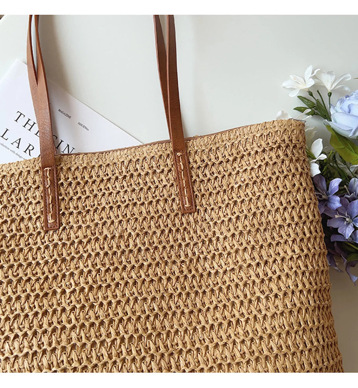 Tote Bag | Handwoven Reed, Leather Straps & Zippered Interior