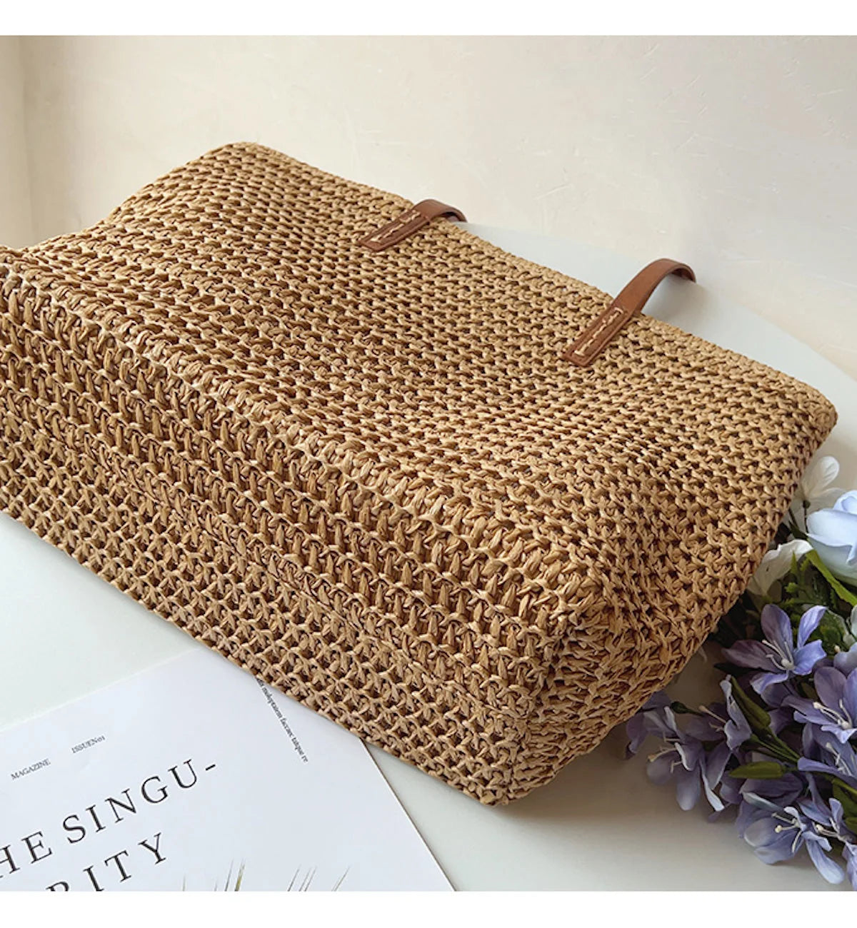 Tote Bag | Handwoven Reed, Leather Straps & Zippered Interior