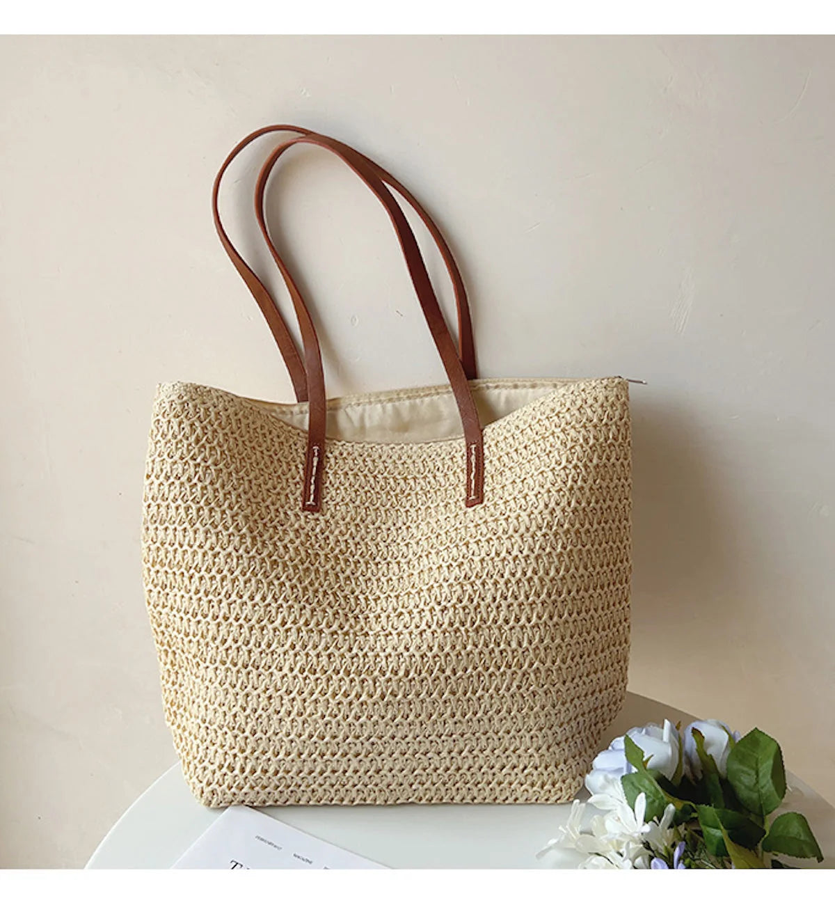 Tote Bag | Handwoven Reed, Leather Straps & Zippered Interior