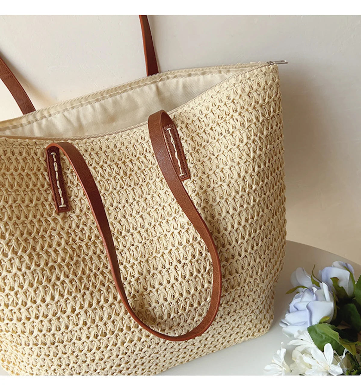 Tote Bag | Handwoven Reed, Leather Straps & Zippered Interior