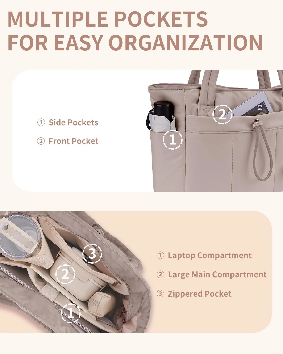 Tote Bag | Quilted Puffer & Tumbler Pocket | Fits 15.6" Laptop